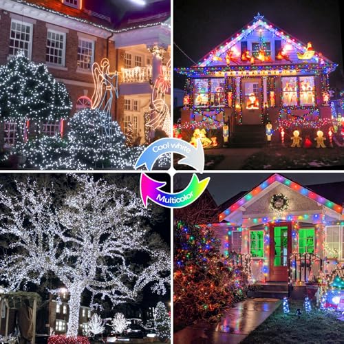 Cool White and Multicolor Color Changing Solar String Lights for Outside, 2 Pack 400LED Solar Fairy Lights Outdoor, Waterproof Copper Wire with 8 Modes Solar Twinkle Lights for Tree Garden Xmas Decor - color: Cool White to Multicolor, size: 2 Pack-400LED