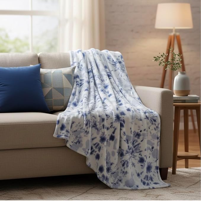 Serafina Home Bohemian Fleece Throw Blanket: Boho Velvety Soft Tie Dye Design, Purple Blue White, 50" x 70" (Tie Dye)