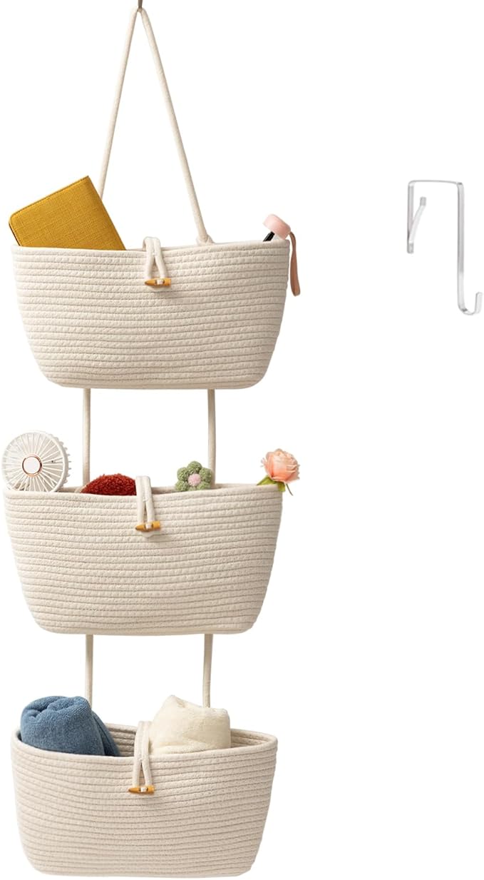 TeoKJ Over the Door Hanging Baskets with Button Strap, 3-Tier Woven Cotton Storage Organizer Bag, Wall-Mounted with Hook Decorative Hanging Kitchen Baskets - White