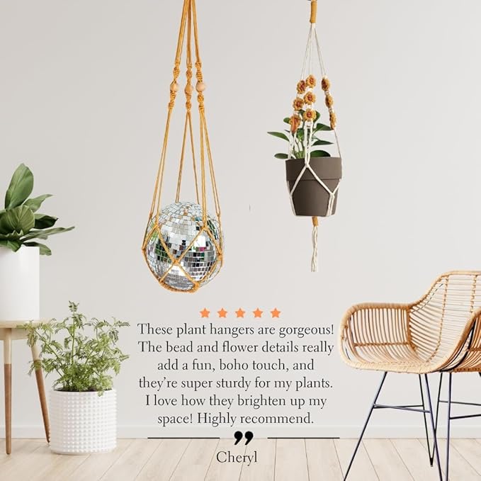 Set of 2 Macrame plant hanger with Daisies & Beads | Hanging plant holder Macrame Plant hangers outdoor and indoor hanging planters Plant stand indoor Boho Decor hanging planter stand (SunshineYellow)