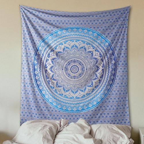 THE ART BOX Aqua Blue Cotton Tapestry Mandala Wall Hanging – Tapestry for Bedroom – Boho Room Decor – Twin Size Aesthetic Wall Tapestry 55x82 Inches - color: Blue and White, size: 55"L x 82"W