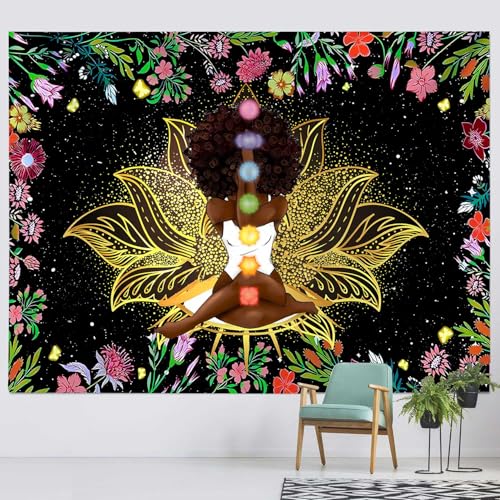 Ine Ive African Chakra Tapestry African American Woman Zen Meditation Poster Starry Sky Flower Garden Inspirational Afro Yoga Wall Art Tapestry for Bedroom Dorm Decor (90x84 inch) - size: 90"L x 84"W