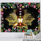 Ine Ive African Chakra Tapestry African American Woman Zen Meditation Poster Starry Sky Flower Garden Inspirational Afro Yoga Wall Art Tapestry for Bedroom Dorm Decor (90x84 inch) - size: 90"L x 84"W