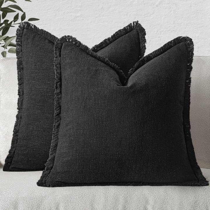 MIULEE Decorative Throw Pillow Covers Neutral Linen Fringe Throw Pillows Set of 2 Black Boho Farmhouse Cushion Covers with Tassels for Couch Sofa Bed Living Room Spring Home Decor 18x18 Inch - color: Black, size: 18" x 18" (Pack of 2)