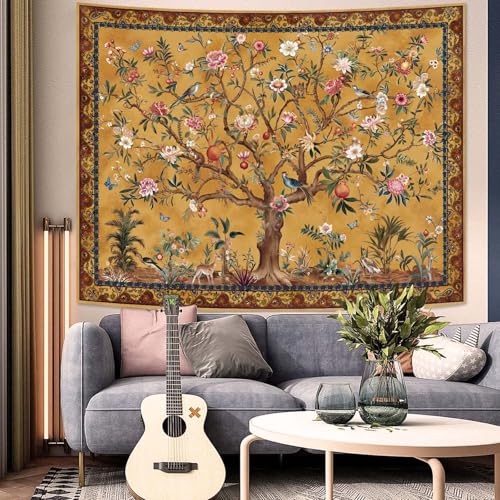 Faxdong Boho Tree of LIfe Tapestry, Vintage Flower Leaves Birds Plant Animal Pattern Tapestries, Retro Indian Bohemian Aesthetic Wall Hanging Orange Yellow 36×48 inch - color: Yellow, size: 48"L x 36"W