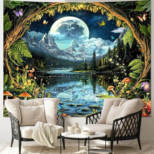Apdidl Forest Nature Wall Tapestry for Bedroom, Green Landscape ice Mountain Plant Floral Moon Tapestries Aesthetic, Mushroom Butterfly White Clouds River Space Decor Wall Hanging for Living Room（60" x 51") - color: Forest Tapestry, size: 60"L x 51"W