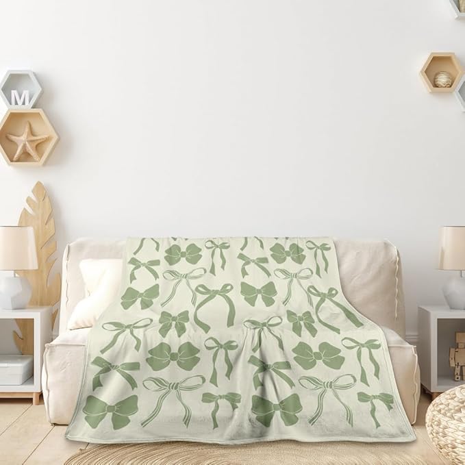 Sage Green Bow Blankets, Preppy Coquette Girly Bedroom Decor Electric Trendy Bow Throw Blanket Girls Teens Women Gifts 60"x80"