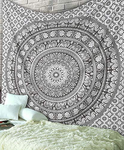 RAJRANG Cotton Pebble grey Tapestry for Bedroom Elephant Mandala Wall Hangings Large Indie Wall Tapestry Hippie Room Decor - 90x84 Inch - color: Pebble grey, size: 90"L x 84"W