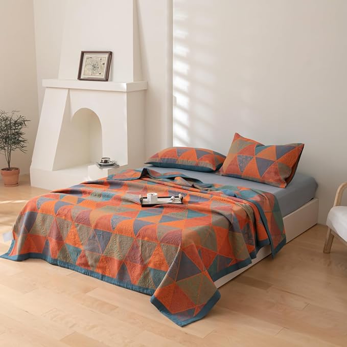 100% Cotton Muslin Blanket Jacquard Bohomian Mandala Triangle Print Quilt, Soft Bed Cover Reversible Bedspread Coverlet Breathable Lightweight Bedding Full/Queen(78"x94"), No Pillow Sham