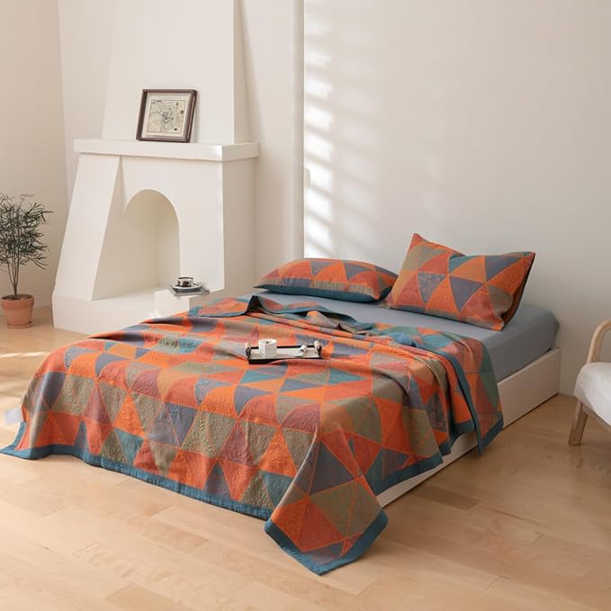 100% Cotton Muslin Blanket Jacquard Bohomian Mandala Triangle Quilt, Soft Bed Cover 3 Layers Reversible Bedspread Coverlet Breathable Lightweight Bedding King(98"x94"), No Pillow Sham