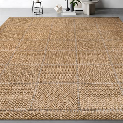 Beverly Rug Easy Jute Checkered Squared Rug 9x12 Washable Large Indoor Outdoor Area Rugs for Living Dining Room Patio Office Stain Resistant Non Shedding Casual Indoor Outside Carpet 9 x 12 Natural - color: Squared/Natural, size: 9' x 12' (Rectangular)