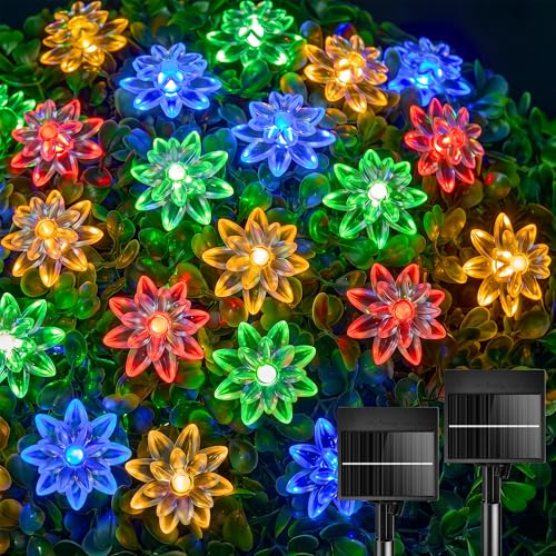 Brightown 2 Pack Solar String Lights Outdoor Waterproof, Total 46FT 100 LED Multicolor Flower Fairy Lights for Christmas Yard Garden Tree Patio Lawn Holiday Outdoor Decor - color: Multicolor, size: 2 Pack