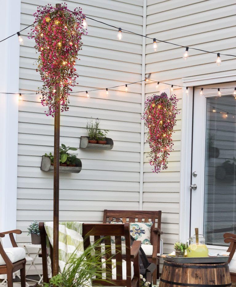 RECUTMS 4Pcs Fake Ferns Artificial Hanging Plants with 30 LED Lights Ivy Flowers Large Faux Hanging Plant for Indoor Outdoor Room Garden Porch Wedding Party Decorations (Fuchsia) - color: Fuchsia-light