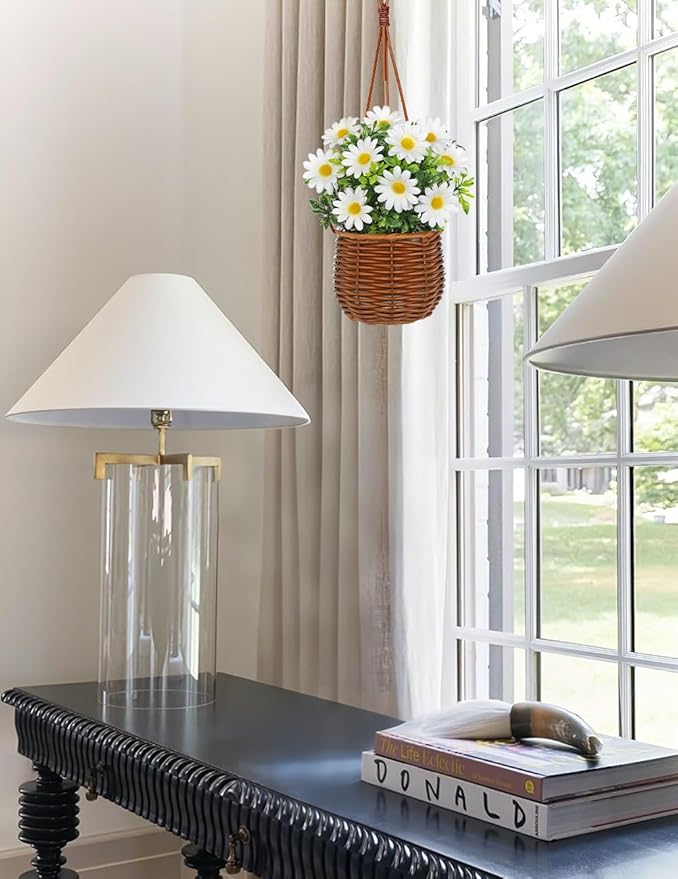 Artificial Daisy Flowers with Hanging Woven Basket, Faux Chrysanthemums in Fake Rattan Planter with Rope, Realistic Floral Arrangement for Home Porch Patio Balcony Indoor Outdoor Summer Decor, White