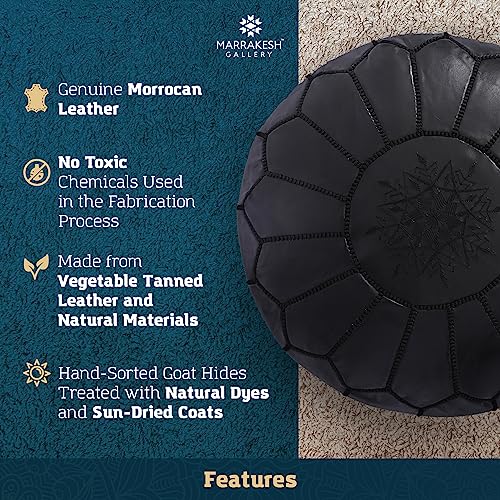 Marrakesh Gallery Genuine Leather Round Pouf Unstuffed - Moroccan Ottoman Footstool, Footrest Cover - Boho Decor - Bohemian Living Room, Bedroom, Kids Room, Gift & Wedding - color: Black By Black