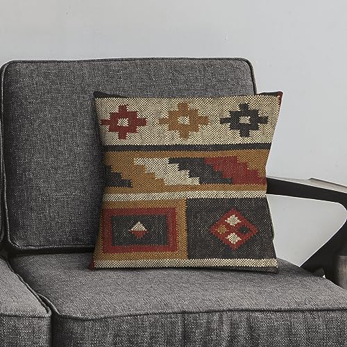 Indian Handwoven Jute Kilim Pillow Covers 18x18 Inches Boho Vintage Rug Cushion Cases, Oriental Decorative Throw Pillows for Home, Couch & Bedroom - color: Pattern 07