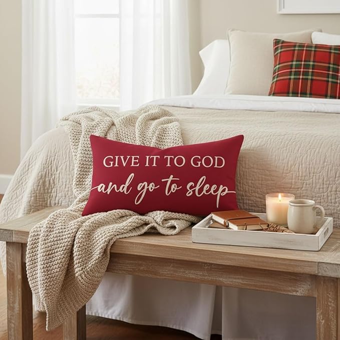 Decorative Throw Pillow Covers 12x20 Inch Set of 2 – Crimson Red Christian Lumbar Pillowcase – Give It to God and Go to Sleep/Relax God’s Got This – Christmas Faith Bedroom Bed Decor