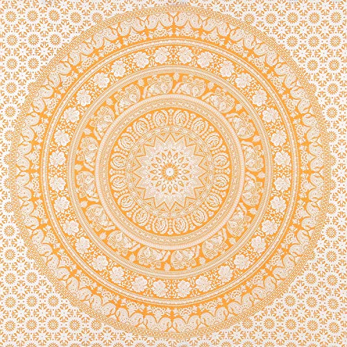 RAJRANG Elephant Mandala Tapestry Cotton Wall Hanging Hippy Tapestries Hippie Beach Throw College Dorm Decor Bohemian Boho Bed sheet - Orange - 84 x 54 Inches - color: Buff orange, size: 84"L x 54"W