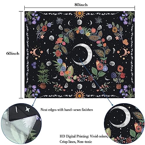 Kanuyee Floral Moon Tapestry Flower Tapestry for Bedroom Boho tapestries Wall Hanging Aesthetic for Bedroom and Living Room Moon 60×80 Inches - color: Colorful Black, size: 80"L x 60"W