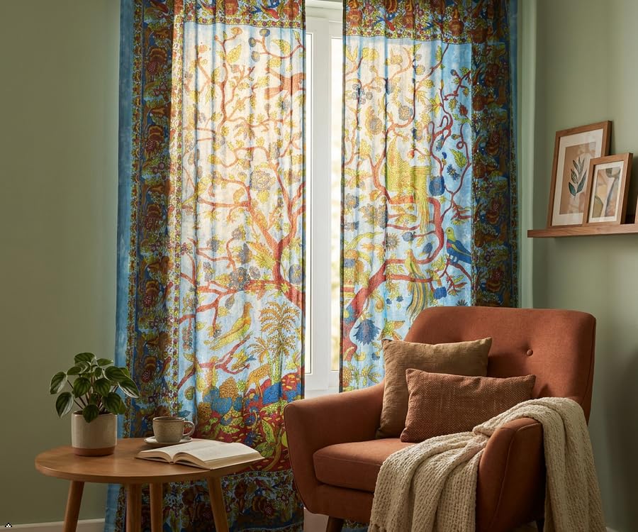 Popular Handicrafts Indian Hippie Bohemian Beautiful- Tree of Life- Bird Tie Dye Mandala Drapery Bedroom Living Room Balcony Curtain Panels Blue - color: Blue, size: 38"W x 83"L (Pack of 2)