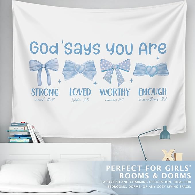 LIANGW Preppy Blue Bow Christian Tapestry, God Says You Are Inspirational Scripture Wall Art, Bible Bow Aesthetic for Girls Bedroom for Dorm Room, Based Blue Room Decor Aesthetic 50x60 inch