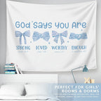 LIANGW Preppy Blue Bow Christian Tapestry, God Says You Are Inspirational Scripture Wall Art, Bible Bow Aesthetic for Girls Bedroom for Dorm Room, Based Blue Room Decor Aesthetic 50x60 inch