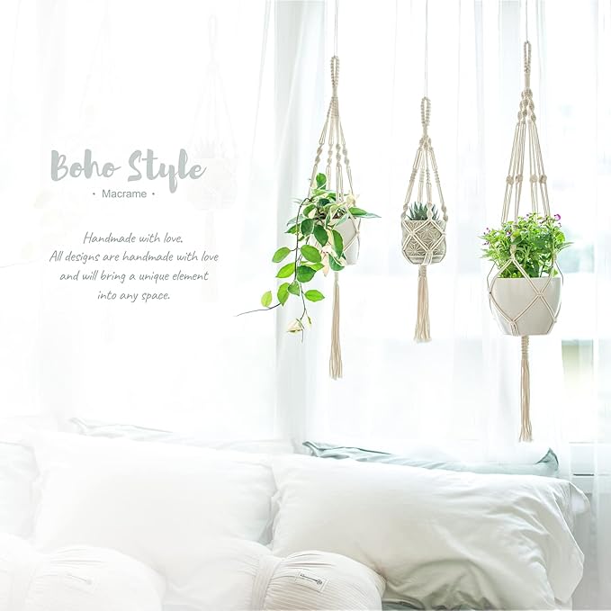 Mkono 3 Pack Macrame Plant Hangers, Different Sizes Hanging Planters Indoor Basket Decorative Flower Pots Holder Stand Boho Home Decor, Ivory
