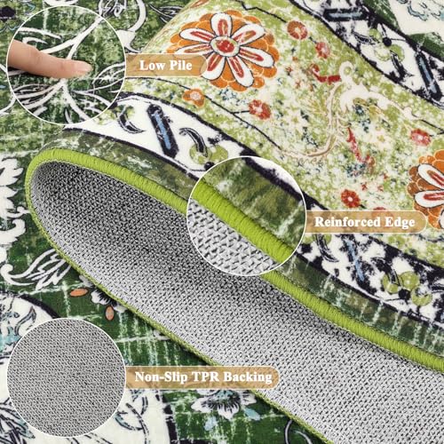 Ileading Bohemian Vintage Area Rug 8x10ft, Machine Washable Low-Pile Accent Carpet, Non-Shedding Non-Slip Living Room Floor Throw Rugs for Bedroom,Dining Room,Kids Playroom(Green) - color: Green, size: 8' x 10' (Rectangular)