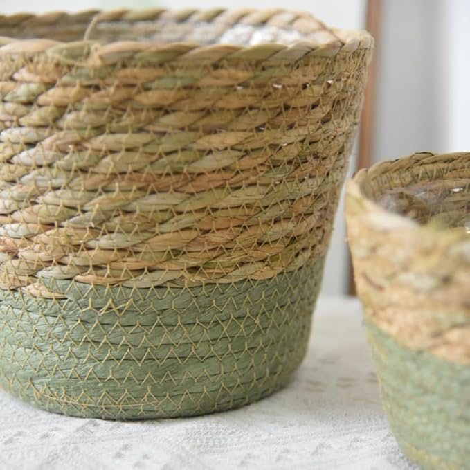 Natural Handwoven Seagrass Planter Basket with Waterproof Liner, Multi-Use Belly Wicker Storage Basket for Plant Pot Cover Indoor Outdoor(Green,6.89''X4.72'')