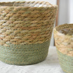 Natural Handwoven Seagrass Planter Basket with Waterproof Liner, Multi-Use Belly Wicker Storage Basket for Plant Pot Cover Indoor Outdoor(Green,6.89''X4.72'')