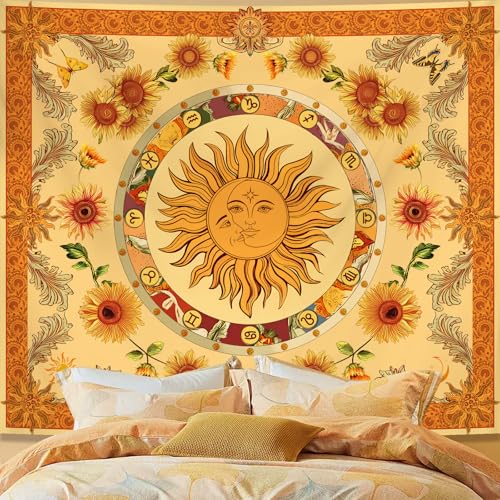 Sun and Moon Boho Orange Tapestry for Bedroom, Bohemian Vintage Floral Funny Wall Tapestries Aesthetic with Twelve Constellations for Living Room, Indian Yellow Sunflower Pagan Wall Hanging Decor for Teen Dorm Office 60" × 51" - color: Sun Boho Tapestry,