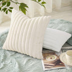decorUhome Summer Cozy Faux Fur Throw Pillow Covers 18x18 Set of 2 Decorative Soft Plush Striped Modern Farmhouse Boho Couch Pillow Cases with Velvet Back for Sofa Bed Living Room, Cream White