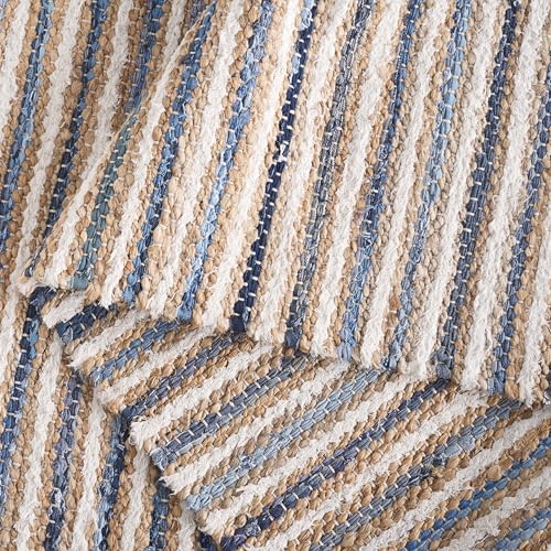 SAFAVIEH Cape Cod Collection Area Rug - 6' Round, Natural/Blue, Geometric Design, Ideal for High Traffic Areas in Living Room, Bedroom, Dining (CAP151M) - color: Natural/Blue, size: 6' (Round)