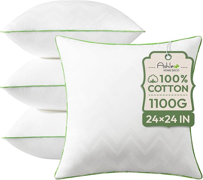 Ashler 24x24 Pillows Insert (Set of 4) - Throw Pillow Inserts with 100% Cotton Cover - 24 Inch Square Interior Sofa Stuffer Pillow Inserts -Decorative White Couch Pillow
