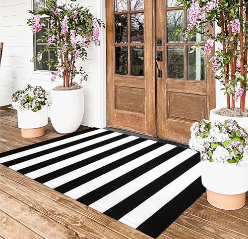 3'x5'Outdoor Rug,Black and White Striped Washable Front Porch Rug Farmhouse Cotton Woven Entry Rug Indoor Outdoor Area Rug for Porch/Home Entrace Decor/Bedroom/Layered Door Mats - color: Black White, size: 3' x 5' (Rectangular)