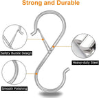 8 Pack S Hooks for Hanging, 3.5 inch Heavy Duty Metal S Hooks with Safety Buckle S Shaped Hooks Pot Rack Closet Hooks for Hanging Plants, Clothes, Kitchen Utensil, Pots, Pans, Bags (Silver)