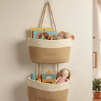 Hanging Wall Basket, Over the Door Hanging Basket with Hooks, 3-Tier Cotton Hanging Basket for Organizing, Decorative Boho Chic Decor for Wall, Bedroom, Living Room, Nursery, Whte & Jute