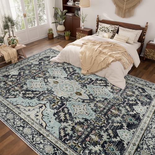 AMTOVO 8x10 Area Rugs for Living Room, Large Non-Slip Washable Rug, Boho Vintage Retro Medallion Print Pattern Carpet for Bedroom Dining Room Home Office Nursery Dorm Farmhouse, Grayish Blue - color: Grayish Blue, size: 8' x 10' (Rectangular)