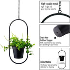 Modern Metal Hanging Planters Set of 2 - Round and Oval Geometric Plant Hangers with 5 Inch Pots - Black Wall and Ceiling Mount Flower Holders for Indoor and Covered Outdoor Décor