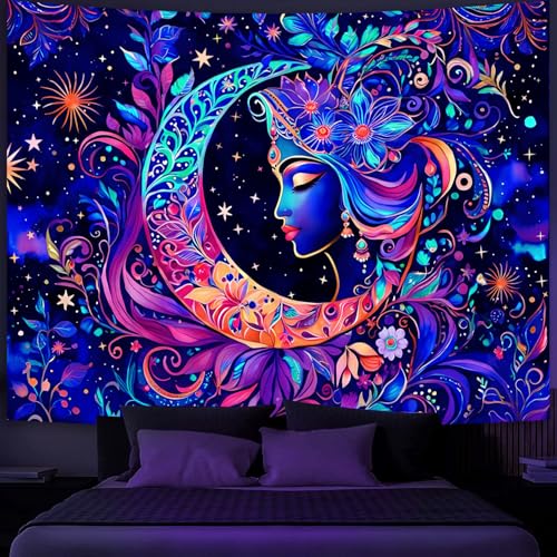 Simpkeely Blacklight Moon and Star Tapestry, Elegant Goddess UV Reactive Sun Mandala Wall Hanging Tapestries, Colorful Boho Aesthetic Tapestry for Bedroom, Living Room - 59.1" x 80" - color: Goddess, size: 80"L x 59.1"W