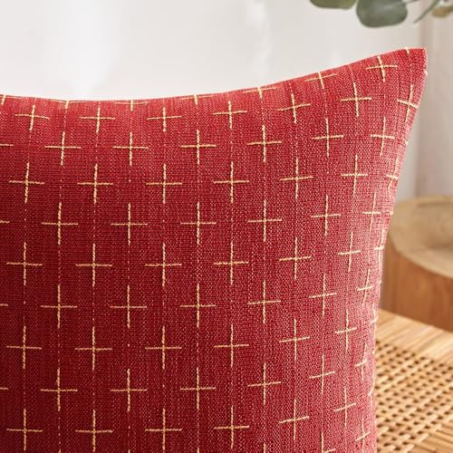 MIULEE Pack of 2 Christmas Decorative Burlap Linen Throw Pillow Covers Modern Farmhouse Pillowcase Rustic Woven Textured Cushion Cover for Sofa Couch Bed 18x18 Inch Christmas Red - color: Christmas Red, size: 18" x 18" (Pack of 2)