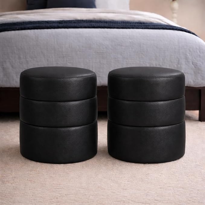 Spatial Order Upholstered Faux Leather Round Ottoman (No Lid, Seat Only) | Spatial Order Home Décor | Foot Rest Pouf – Black Faux Leather