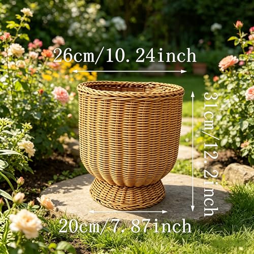 12 Inch Handwoven Boho Wicker Basket, Woven Decorative Storage Basket & Planter for Porch Patio Backyard – Urn Goblet Woven Planter, Wicker Flower Pot, Indoor Outdoor Flower Vase for Home Garden Decor