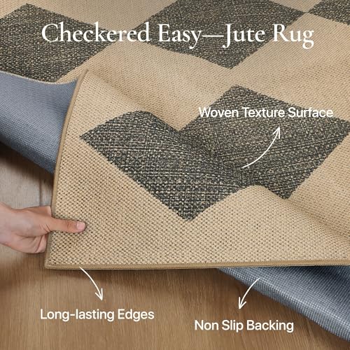 Bavni Checkered Easy Jute Rug,3x5 Area Rug Machine Washable Non Slip Woven Plaid Carpet, Geometric Diamond Non Shedding Low Pile Modern Farmhouse Floor Mat for Living Room, Bedroom, Entryway - color: Checkered-1, size: 3X5