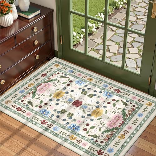 Deerly Floral Entryway Rug 2x3 Small Vintage Boho Bathroom Door Mat Washable Non-Slip Soft Low Pile Thin Indoor Carpet Home Decor for Kicthen Entrance Farmhouse Throw Rug, Beige/Green/Multi - color: Beige/Green/Multi, size: 2' x 3' (Rectangular)