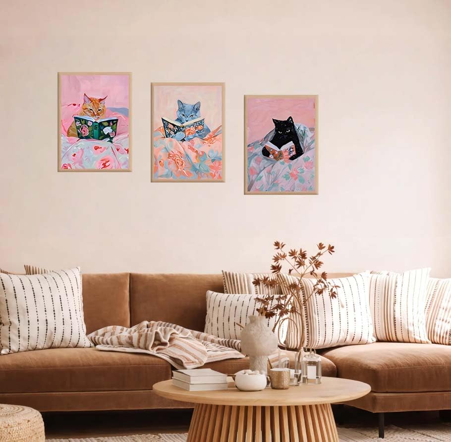 AUROR 3pcsFramed Cute Cat Reading Canvas Wall Art- Fun Whimsical Cat Prints Set -Pink Animal Book Picture Prints Suitable For Children'S Rooms, Girls' Rooms, Living Rooms, And Offices.12x16in - color: Cute pink cat, size: 12x16in