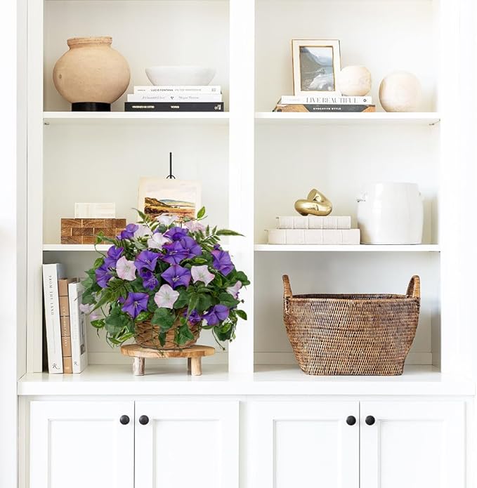 Briful Artificial Flower Arrangement with Rattan Basket Fake Potted Morning Glory Silk Flowers Faux Flower Table Centerpiece for Home Office Bathroom Wedding Farmhouse Decor(Pale Purple)