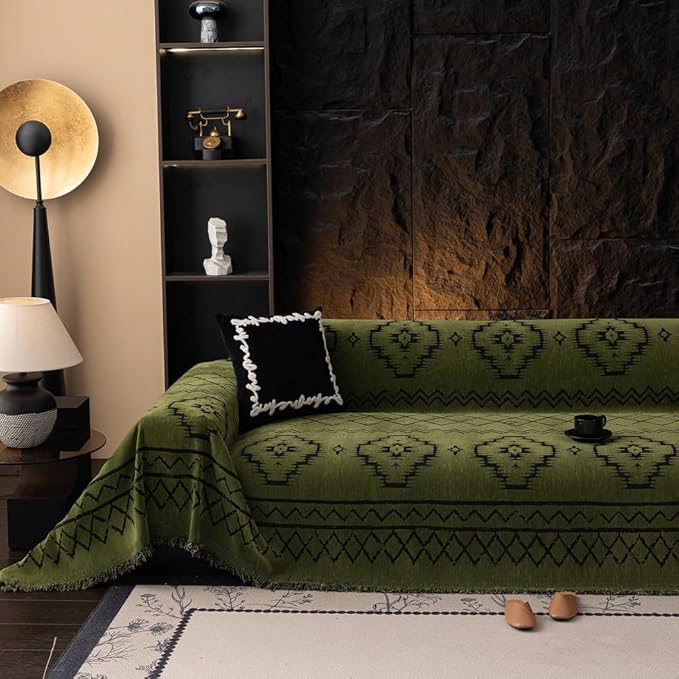 ROOMLIFE Green Couch Cover 3 Cushion Sofa, Washable Non Slip Furniture Sofa Protector Cover, Soft Chenille Sofa Slipcovers Sectional L Shape Dogs Couch Cover Throw Blanket with Tassels 71''X118''