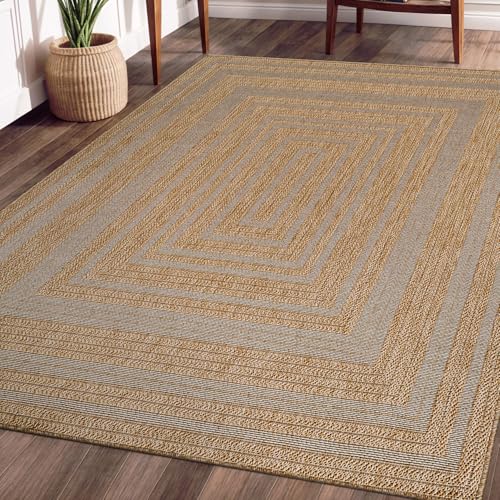 Beverly Rug Easy Jute Framed Border Rug 5x7 Washable Durable Indoor Outdoor Area Rugs for Living Dining Room Patio Office Stain Resistant Non Shedding Casual Indoor Outside Carpet 5 x 7 Natural - color: Framed/Natural, size: 5' x 7' (Rectangular)