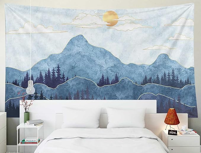 EMMTEEY Mountain Tapestry - Forest Wall Hanging with Trees, Sun, Fantasy Theme - 60x50, Perfect for Christmas Tree Backdrop or Party Decoration